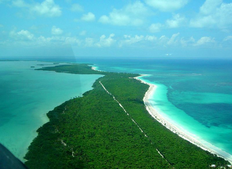 Aerial view of a long green coastline with a white beach and turquoise sea